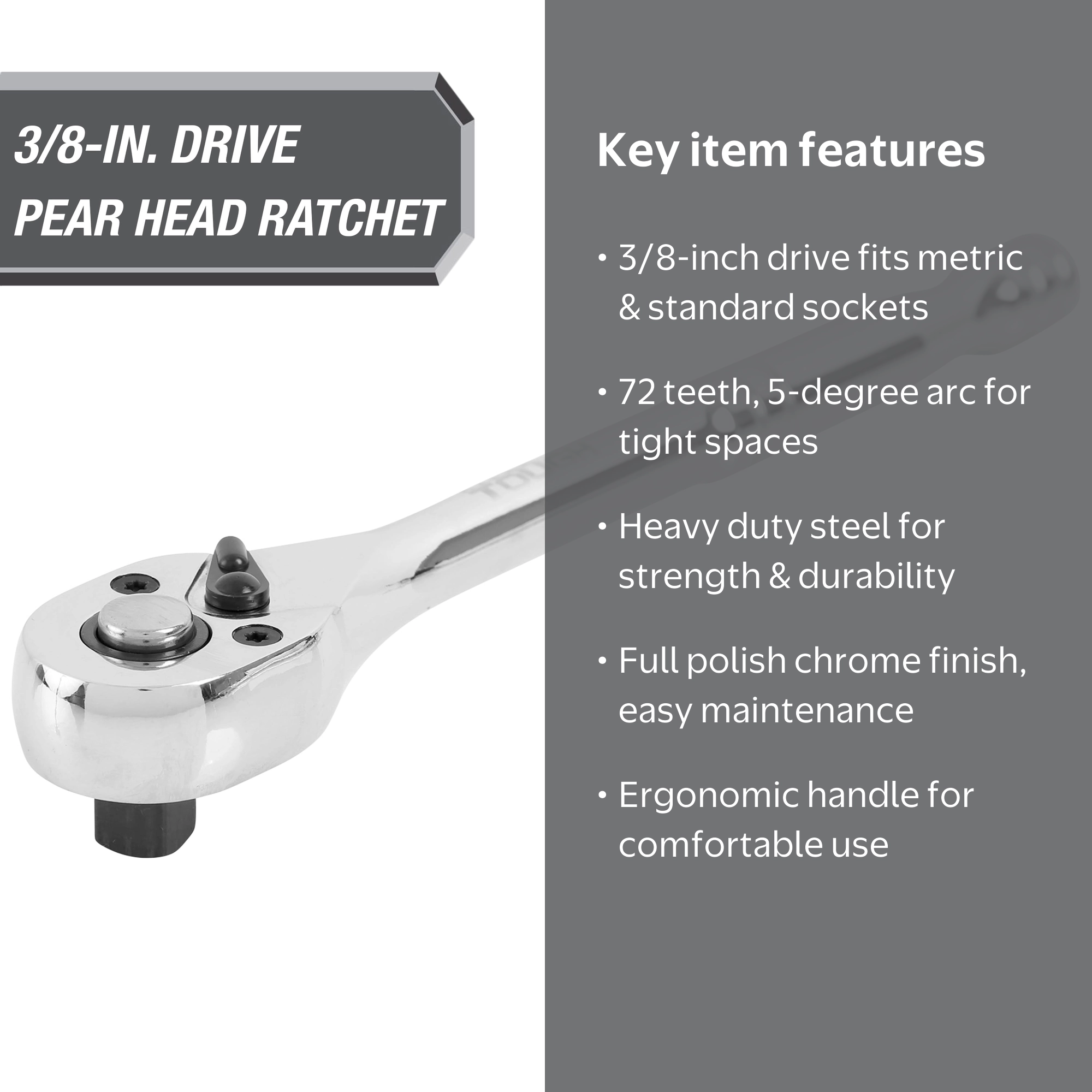 Hyper Tough 3/8-inch, 72-Tooth Pear Head Heavy Duty Steel Chrome