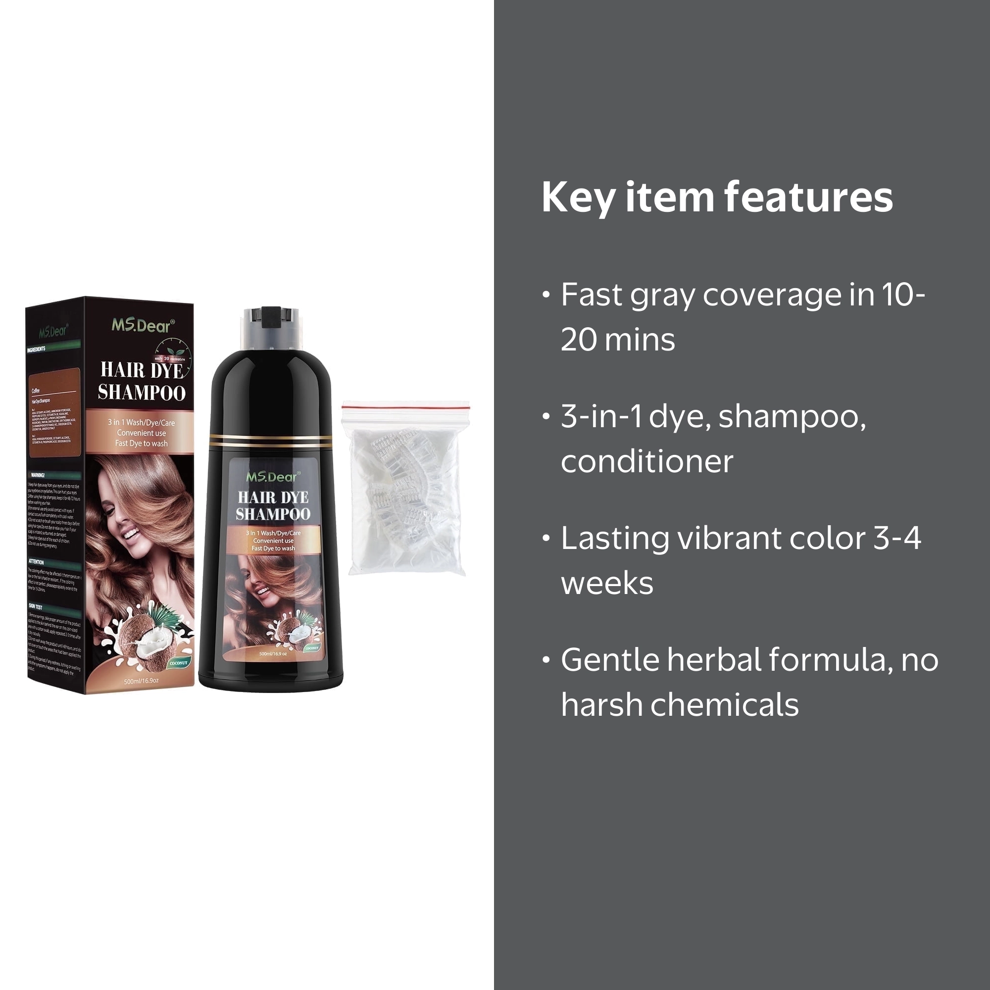 Democe Natural Brown Hair Dye Shampoo, 500ml, Herbal 3-in-1 Gray