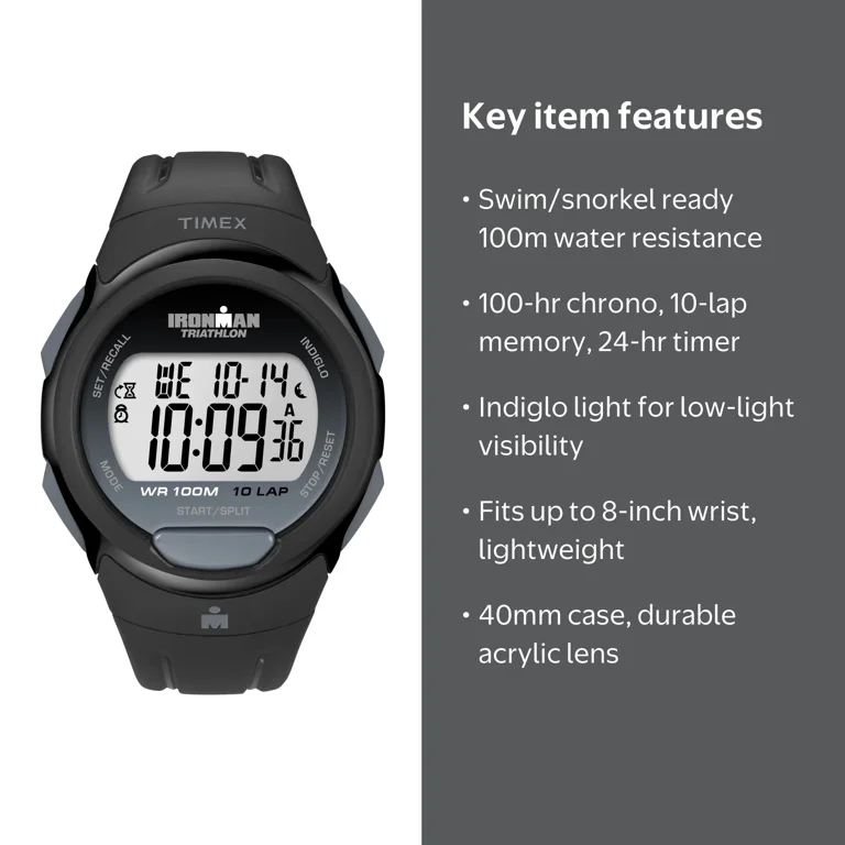 Timex Men's IRONMAN Essential, 10 Black/Gray 40mm Sport Watch with