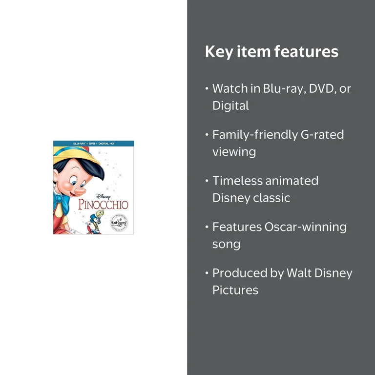 Disney's Pinocchio - Animated Blu-ray & DVD Movie for Kids