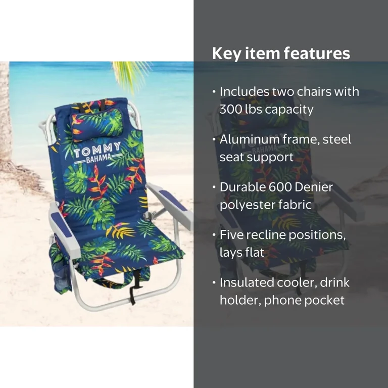 Tommy Bahama Backpack Beach Chair 2 Pack, Tropical Foliage, Dark