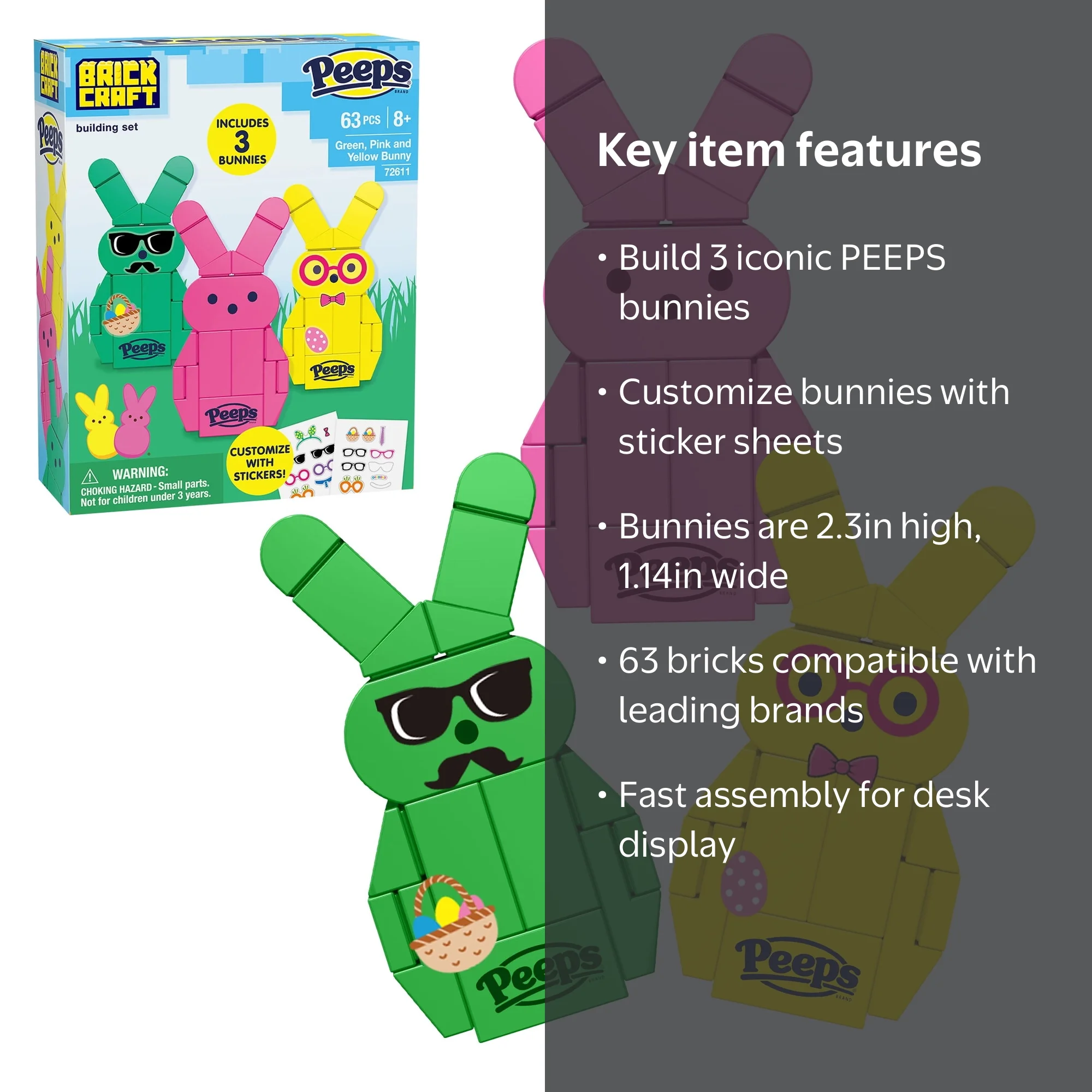 Brickcraft PEEPS Green, Pink and Yellow Bunny Building Kit (63