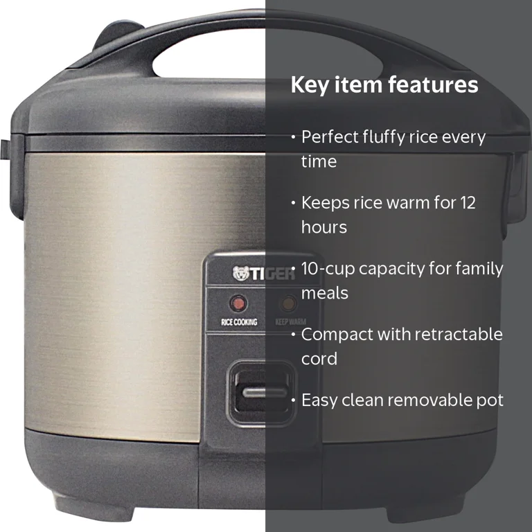 Tiger, Rice Cooker, 10 Cup, Stainless Steel, Warming up to 12