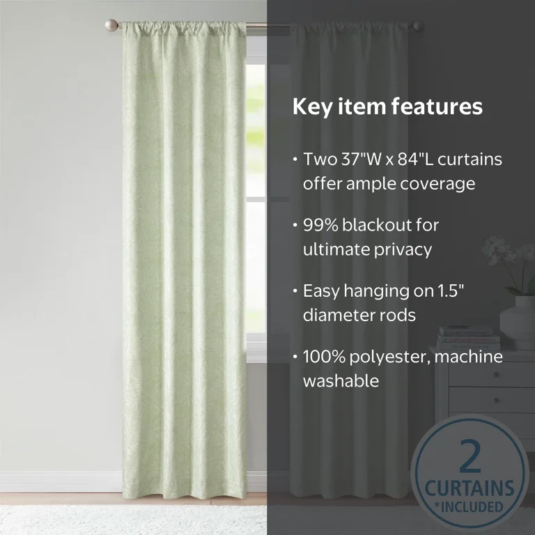 Mainstays Jacquard Blackout Panel Pair, Set of 2 Curtains, Green