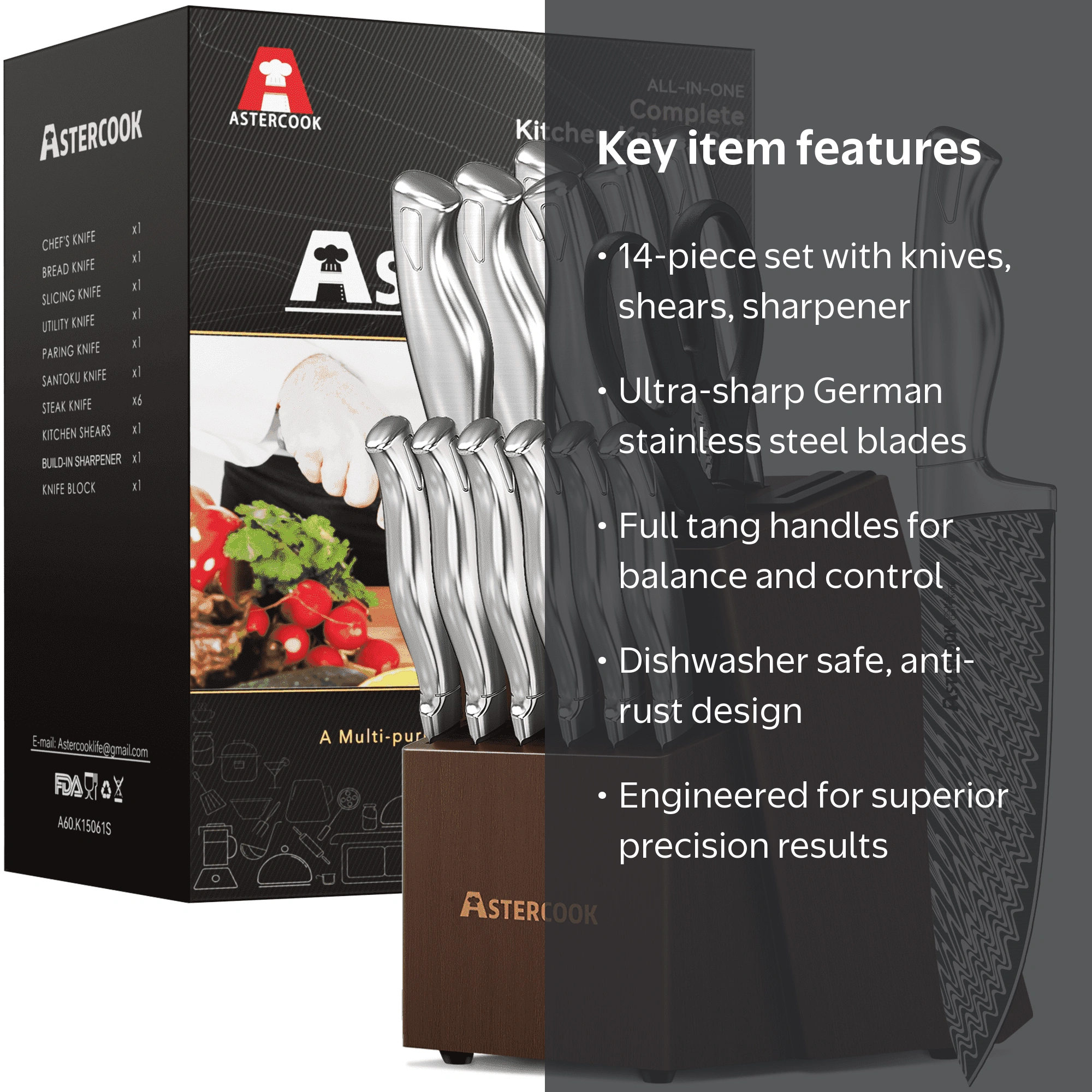 Astercook, Kitchen Knife Set, 14 Pieces with Block and Sharpener