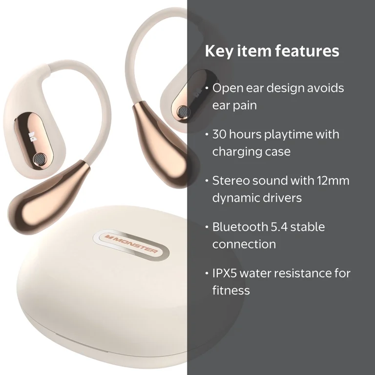 Monster Open Ear Headphones, Bluetooth 5.4 Stereo Sound, 30H