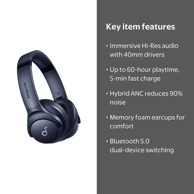 Soundcore Q20i Wireless Noise Cancelling Over-Ear Headphones, 40