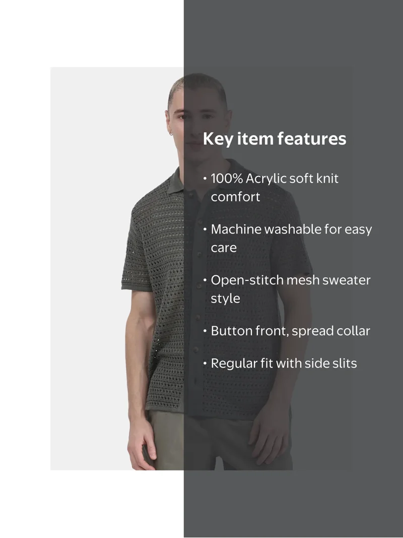 No Boundaries Men's & Big Men's Sweater Knit Polo Mesh Button