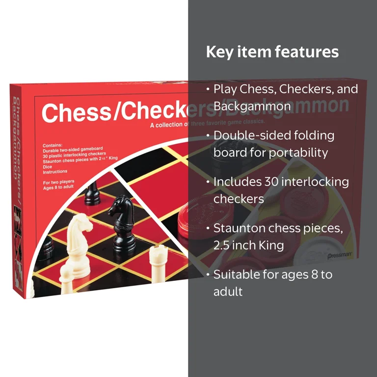 Pressman, Checkers Chess Backgammon, Folding Board, Multicolor