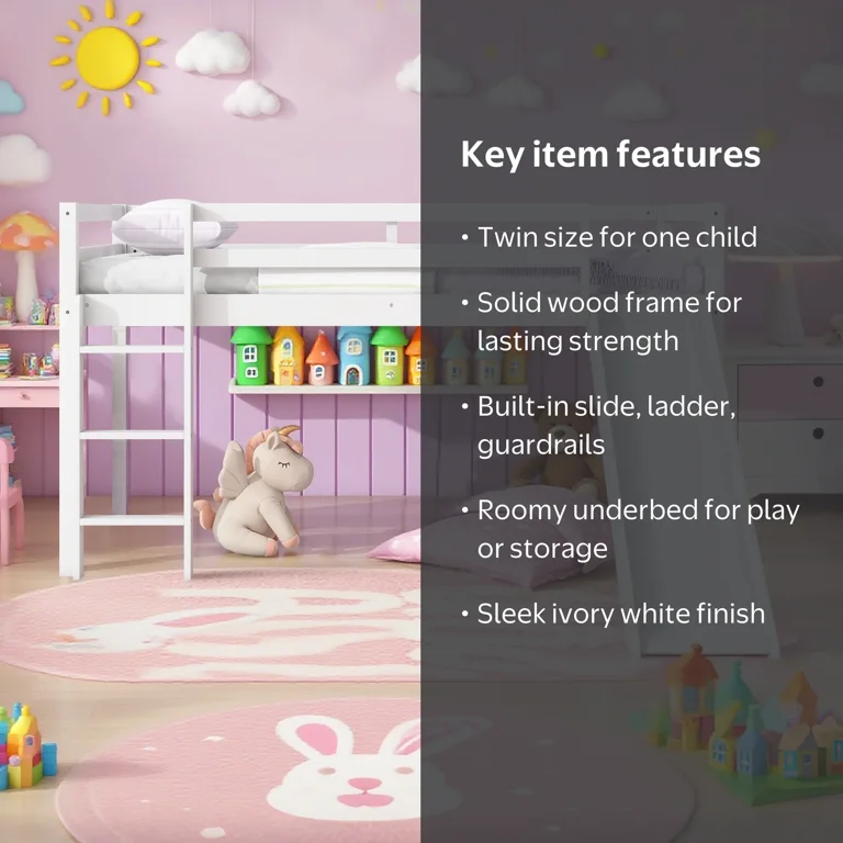 Miniyam Twin Size Kids Loft Bed with Slide, Guardrails, Ivory