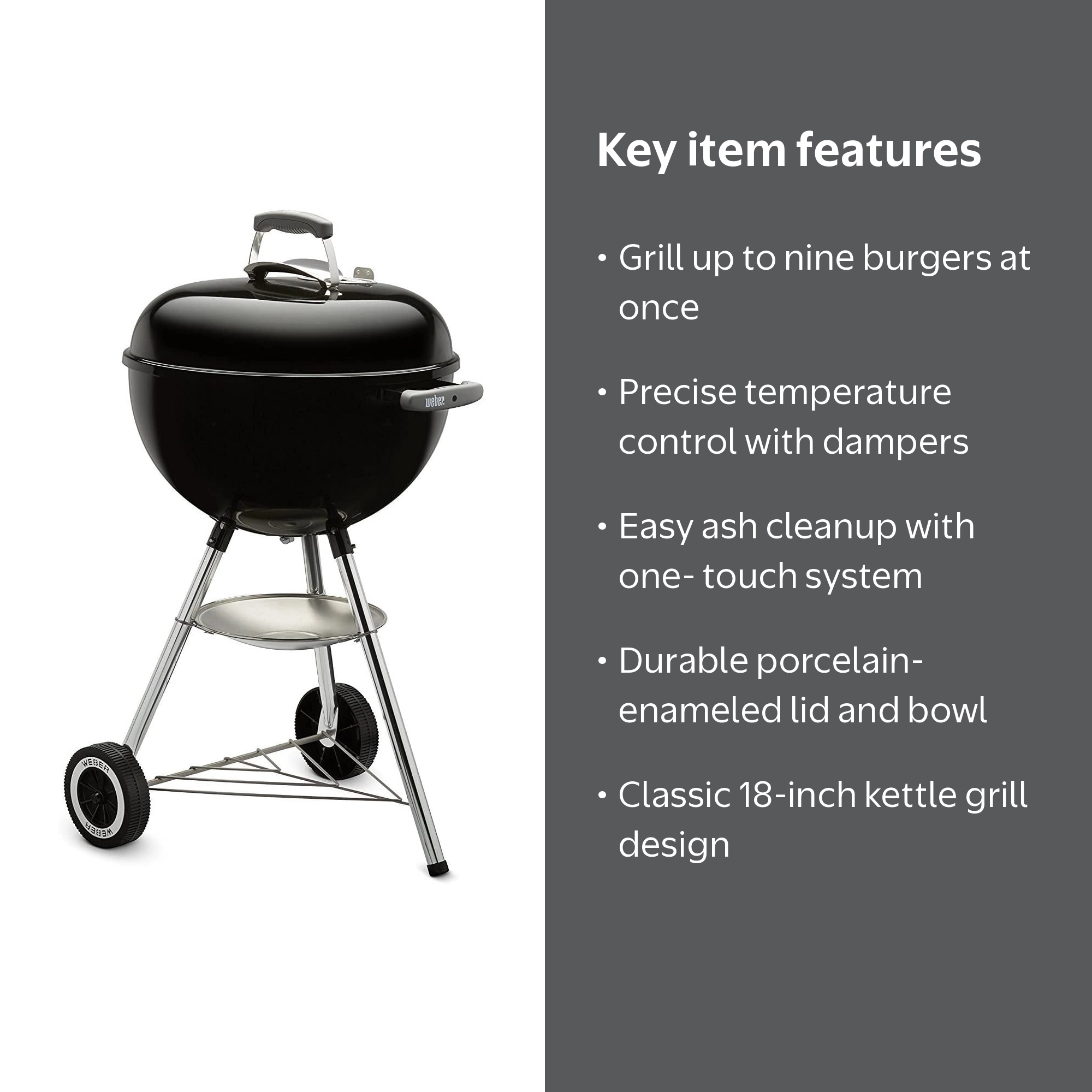Weber Original Kettle 18 in Outdoor BBQ Charcoal Grill, Black
