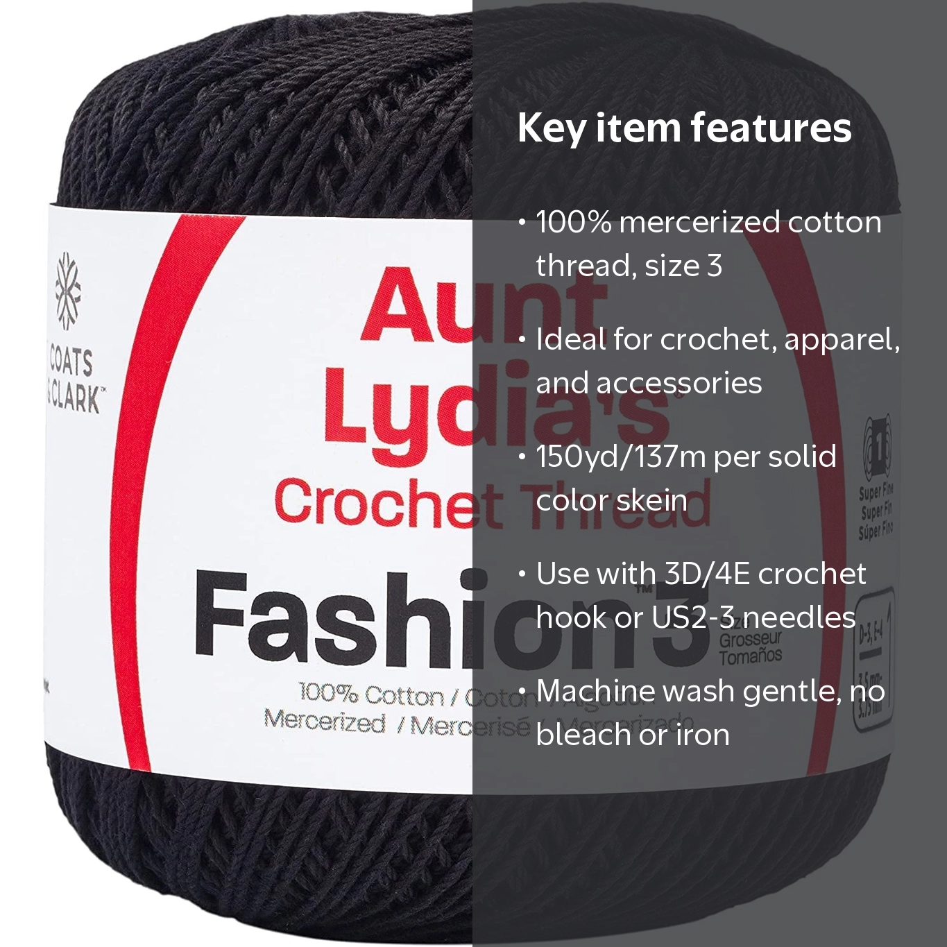Coats & Clark, Aunt Lydia's Fashion Crochet Thread, Size 3, Black