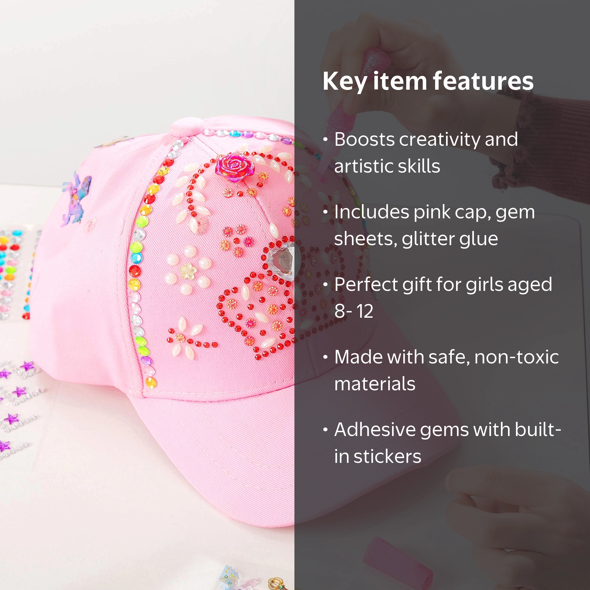Joyfy Pink Baseball Cap Art Set for Kids Ages 8-12 with Gems and