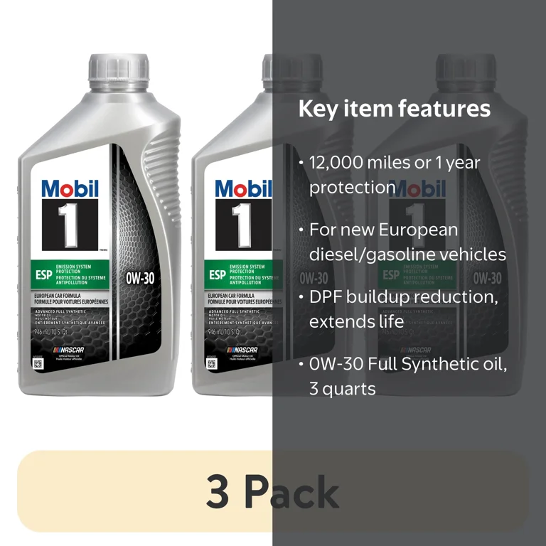 3 pack) Mobil 1 ESP Full Synthetic Motor Oil 0W-30, 1 Quart