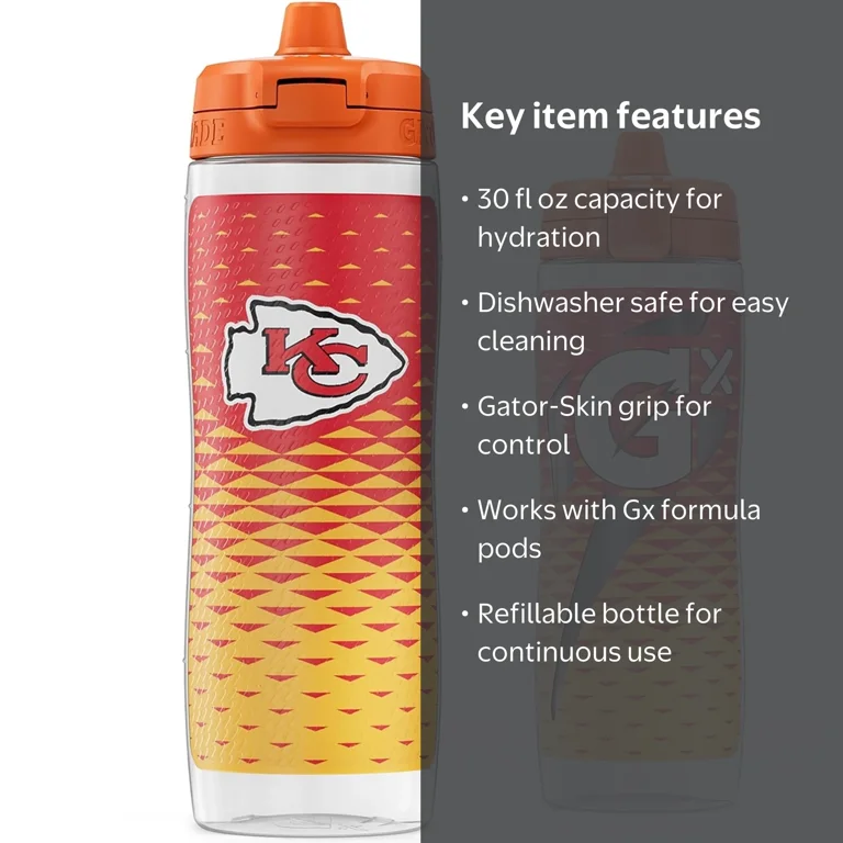 Gatorade Gx Kansas City Chiefs NFL Non-Slip Squeeze Bottles, 30 fl