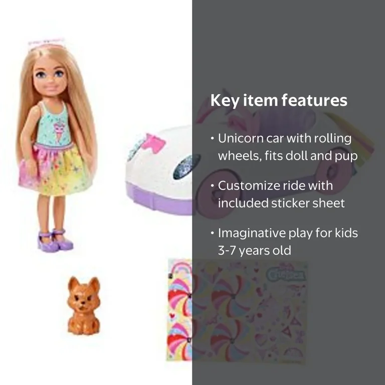 Barbie Chelsea Doll, 6-Inch Blonde with Unicorn Car & Sticker