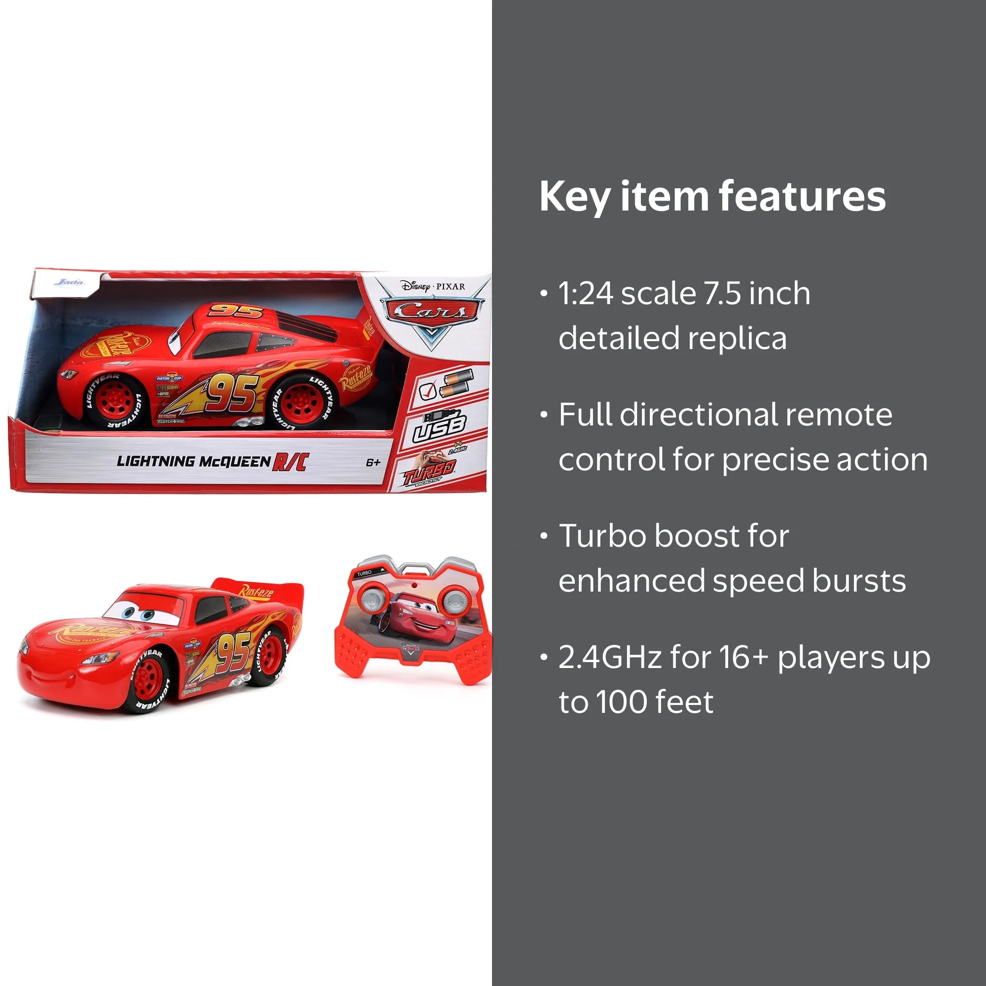 Disney Pixar Cars, RC Radio Control Car, Lightning McQueen, 1:24