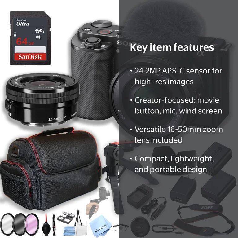 Sony ZV-E10 Camera Kit: 16-50mm Lens, 64GB Memory, Case, Grip Pod