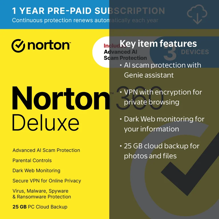 NORTON 360 DELUXE, 1-Year Subscription, 3 DEVICE, PC, MAC [Digital