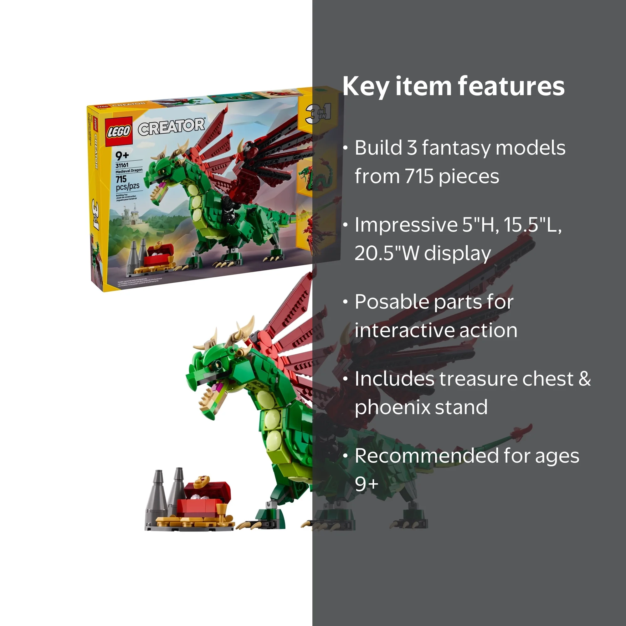 LEGO, Creator 3 in 1 Medieval Dragon Toy, 31161, Building Set