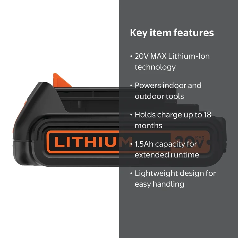 BLACK+DECKER 20V MAX* POWERCONNECT 1.5Ah Lithium Ion Battery (LBXR20) – Interchangeable, Long Runtime, Easy Install