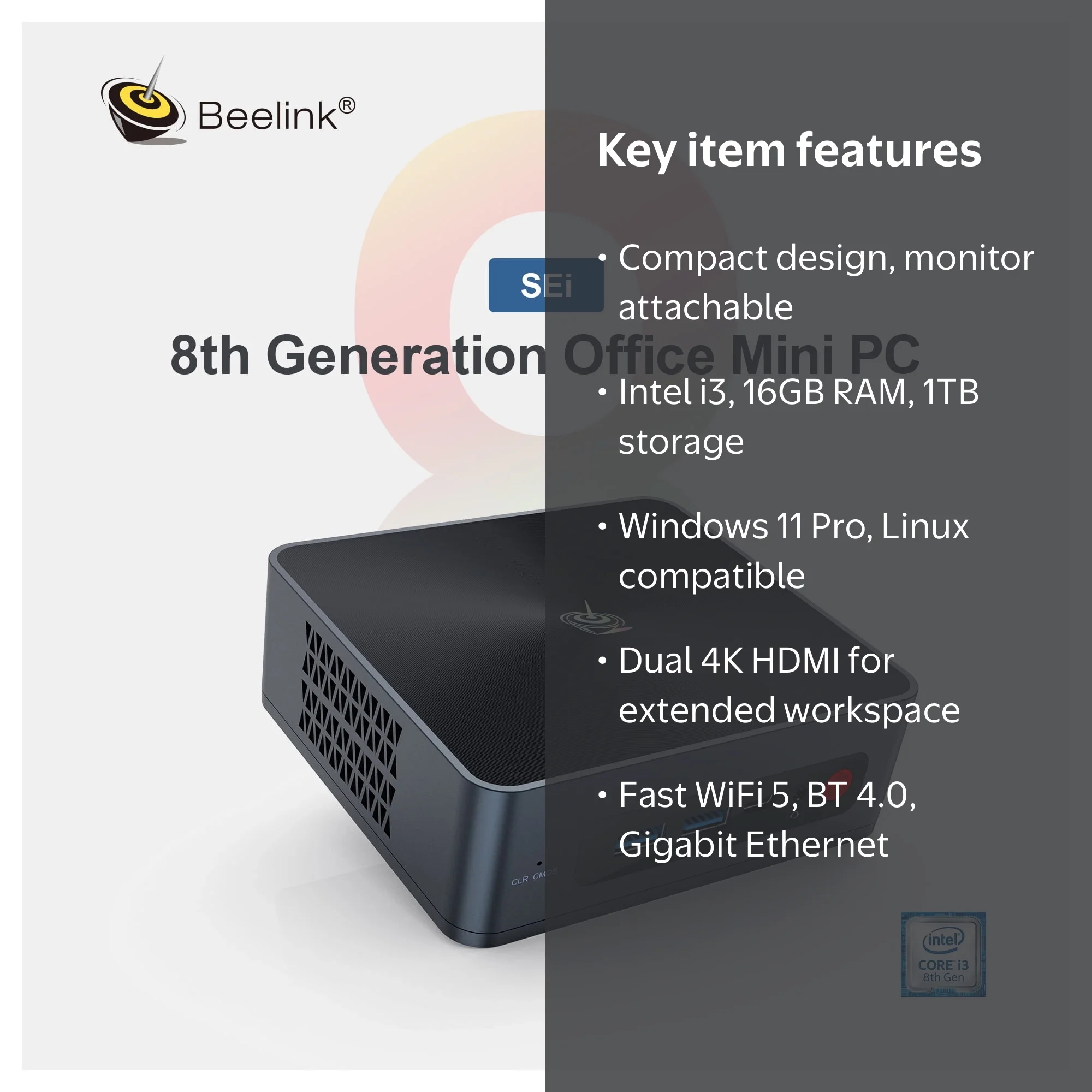 Beelink Mini Desktop Computer, Intel Core i3, 16GB, 500GB HD