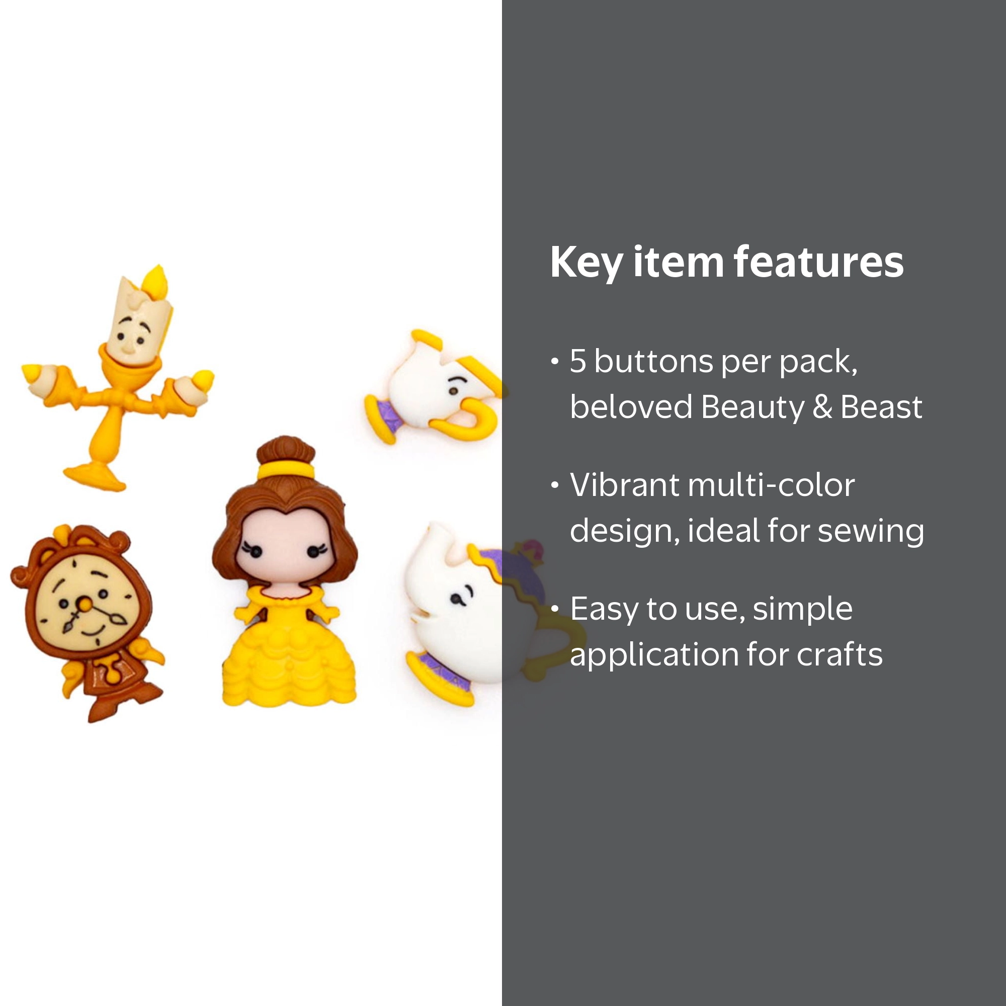 Disney Buttons, Beauty and the Beast, Sewing Fasteners, Multi