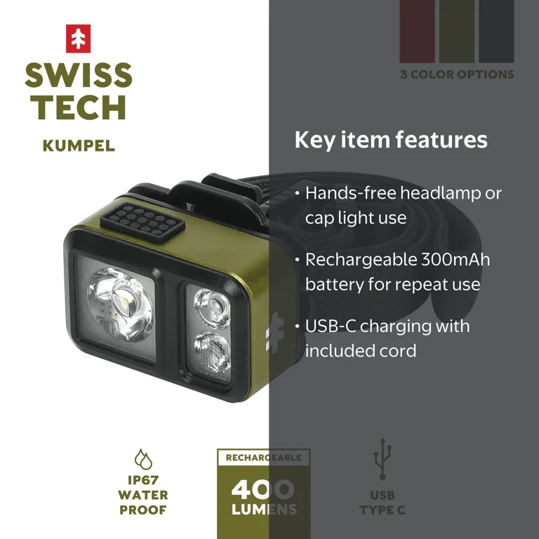 Swiss Tech Kumpel 400LM Mini LED Headlamp and Cap Light, Green