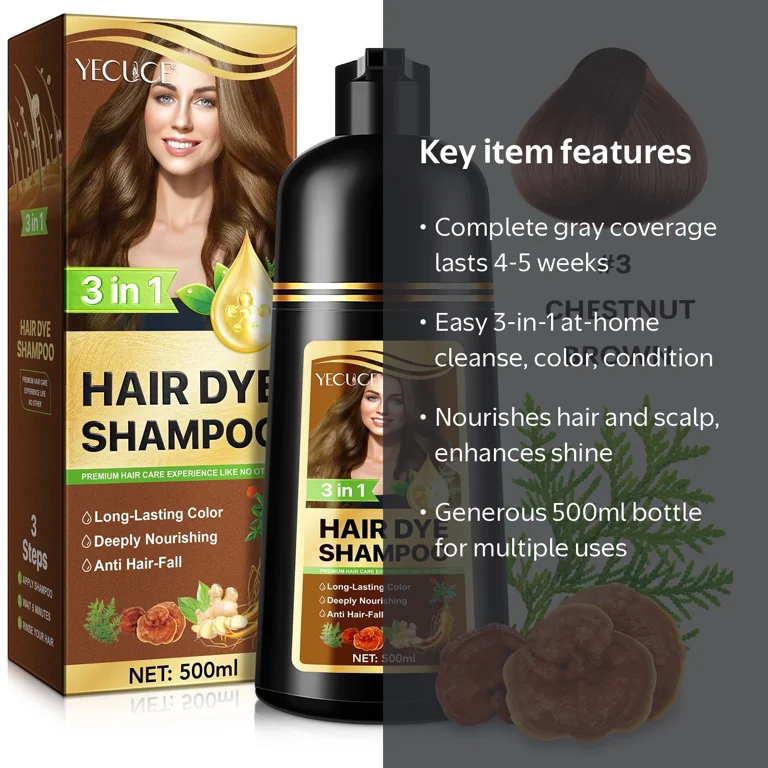 YECUCE Chestnut Brown 3-In-1 Hair Dye Shampoo for Gray Coverage