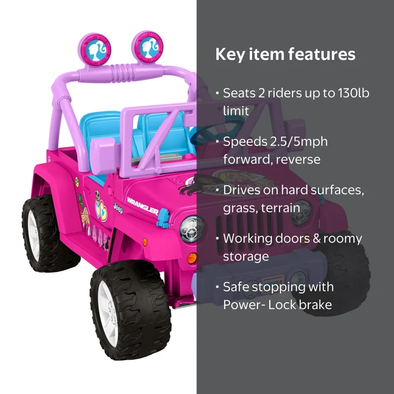 12V Power Wheels Barbie Jeep Wrangler Ride-on Max Speed: 5 mph