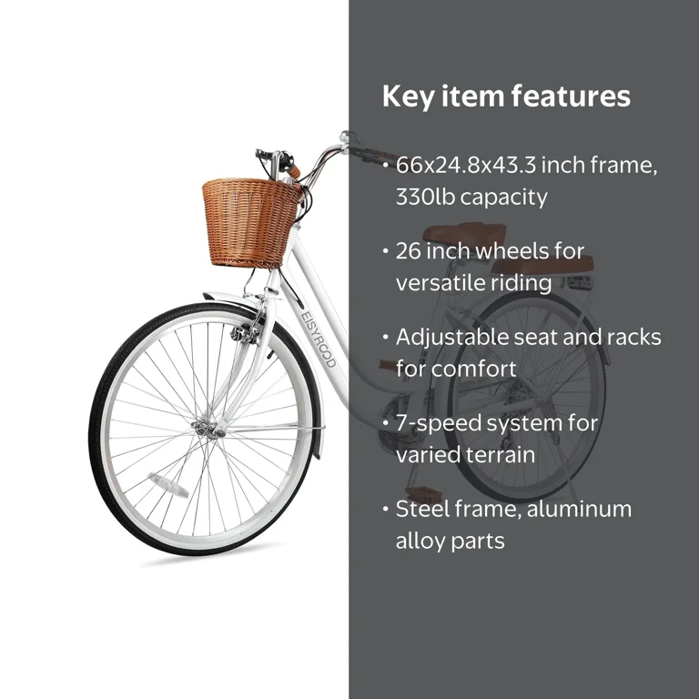 Gaonala 26 inch White 7-Speed Cruiser Bike for Women Adult