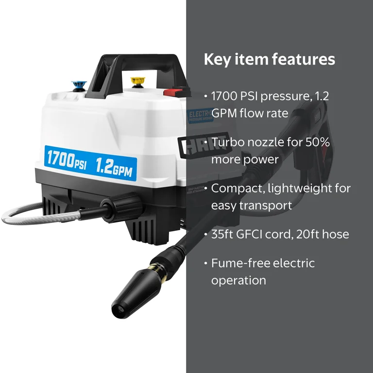 HART 1700 PSI 1.2 GPM Electric Pressure Washer with Turbo Nozzle