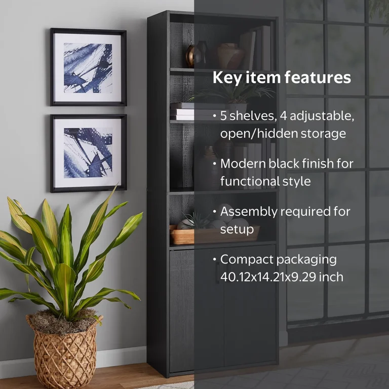 Mainstays Traditional 5 Shelf Bookcase with Doors, Black Finish