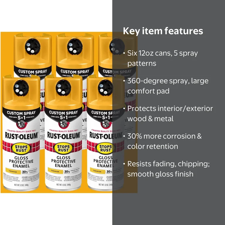 6 Pack, Tuscan Sun, Rust-Oleum Stops Rust Custom Spray 5 in 1
