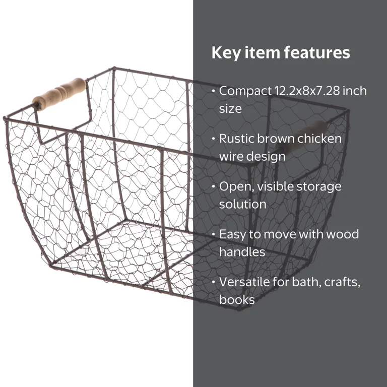 Mainstays Brown Chicken Wire Basket with Wood Handles, 12.2x8x7.28