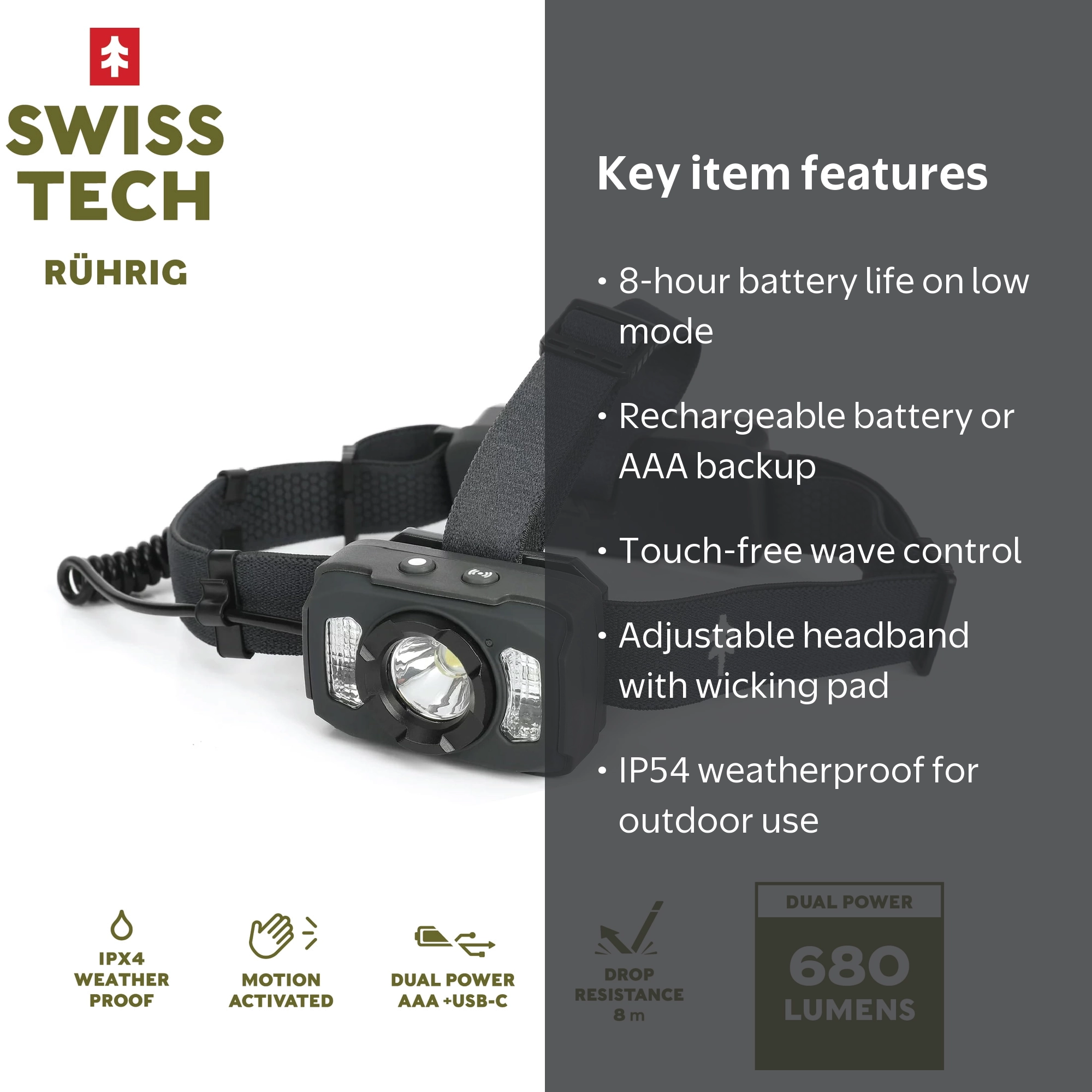 Swiss Tech Rechargeable LED 700 Lumens Headlamp, Dual Power