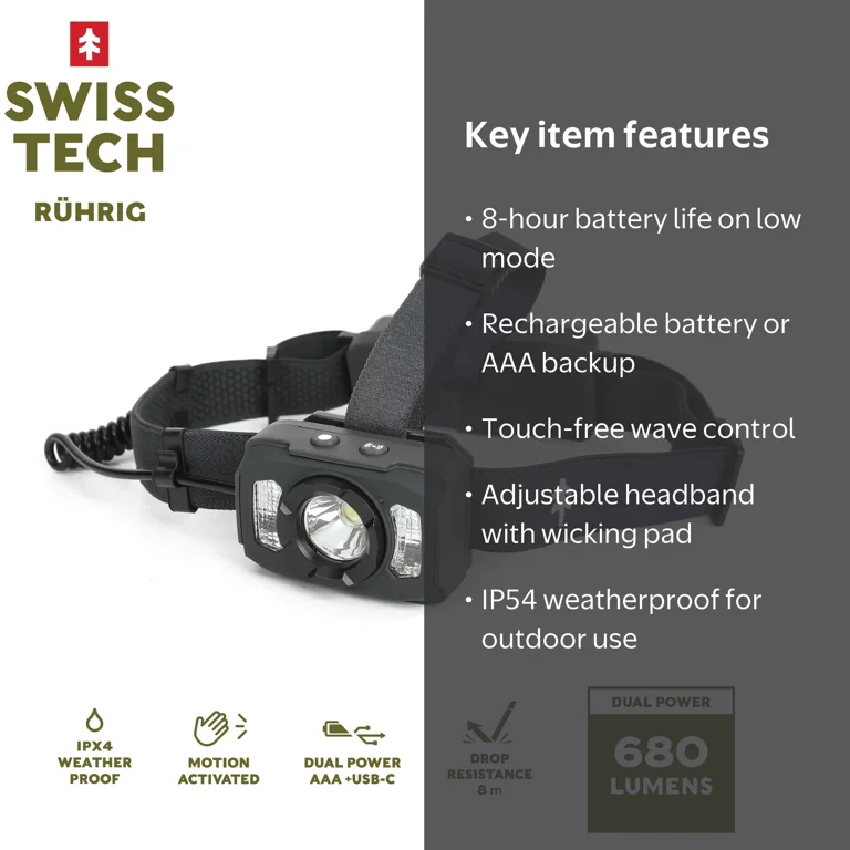 Swiss Tech Rechargeable LED 700 Lumens Headlamp, Dual Power
