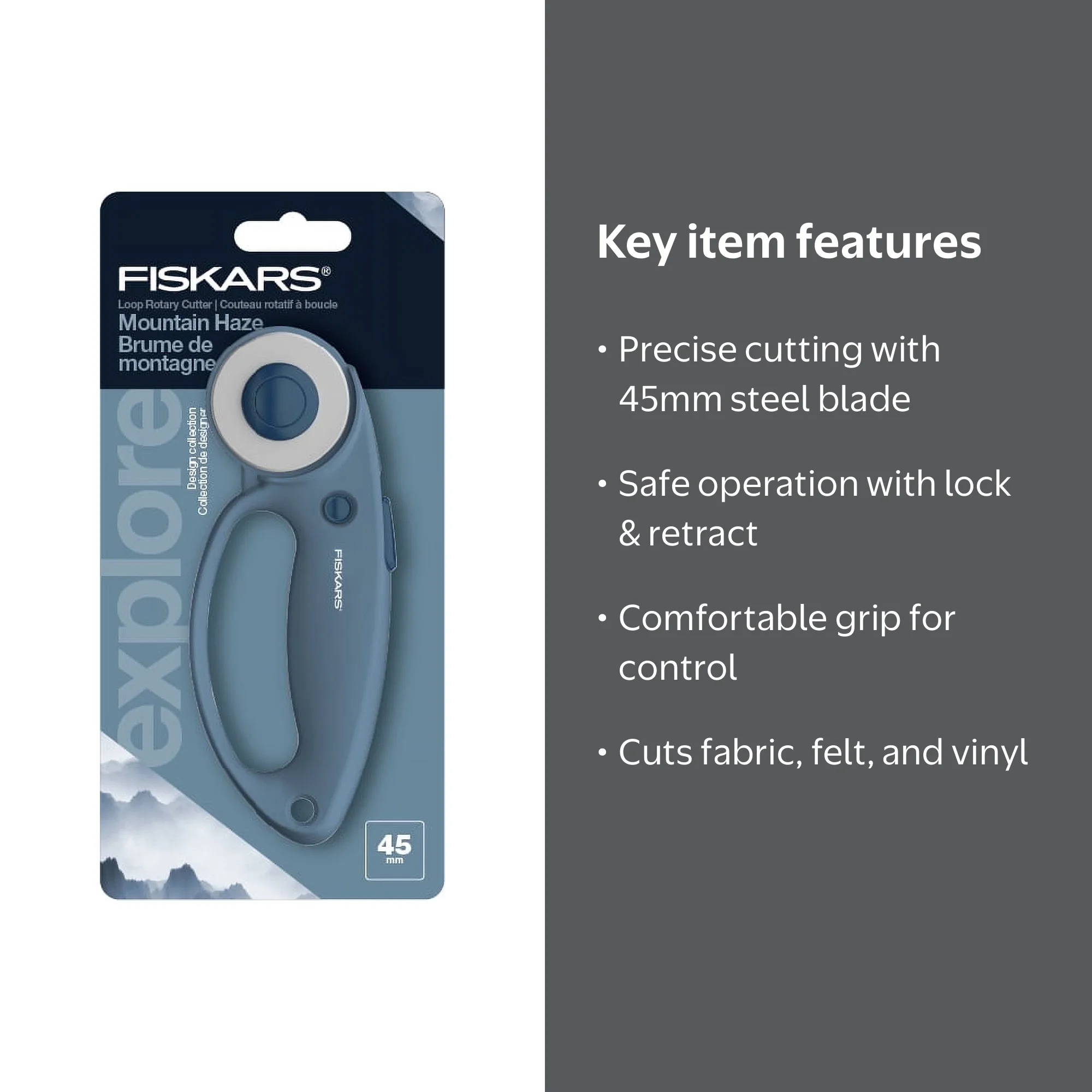 Fiskars Cúter Rotatorio 45 Mm – Mango De Bucle Para Diestros Y Zurdos, Ideal Para Tela, Fieltro Y PVC – Mountain Haze