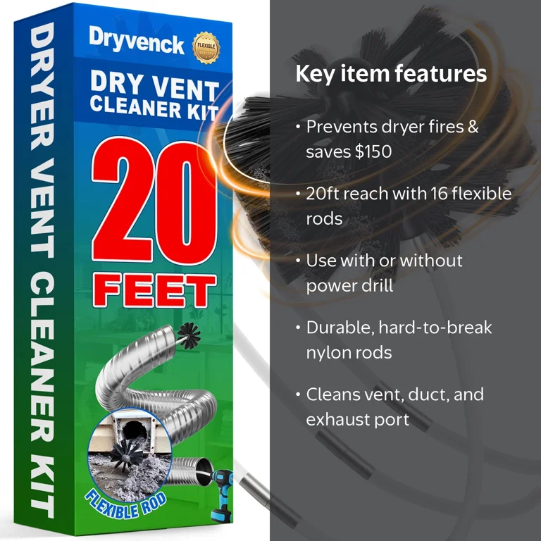 DRYVENCK Dryer Vent Cleaner Kit, 20Ft Flexible Lint Cleaning Brush