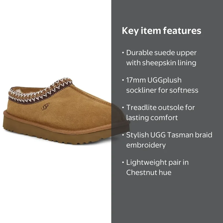 UGG Womens Tasman Clog, Chestnut Suede Slippers, Sheepskin Lining