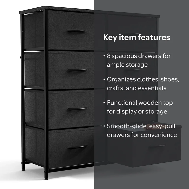 Yangming 8 Drawer Fabric Dresser for Bedroom, Chest of Drawer Organizer Storage Cabinet for Closet, Entryway, Black