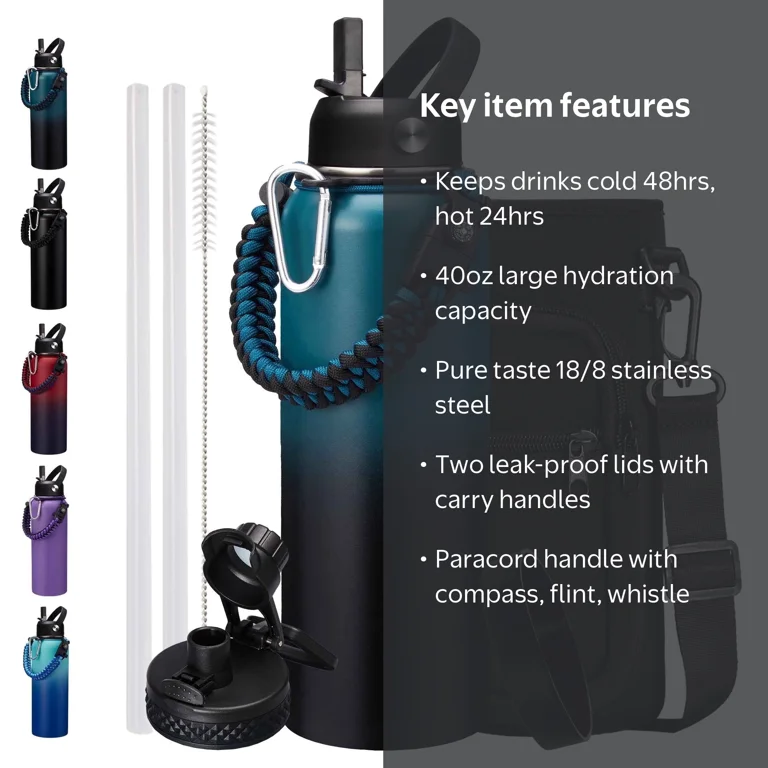 ICEENERGE Water Bottle, 40 oz, Insulated, Stainless Steel, Black