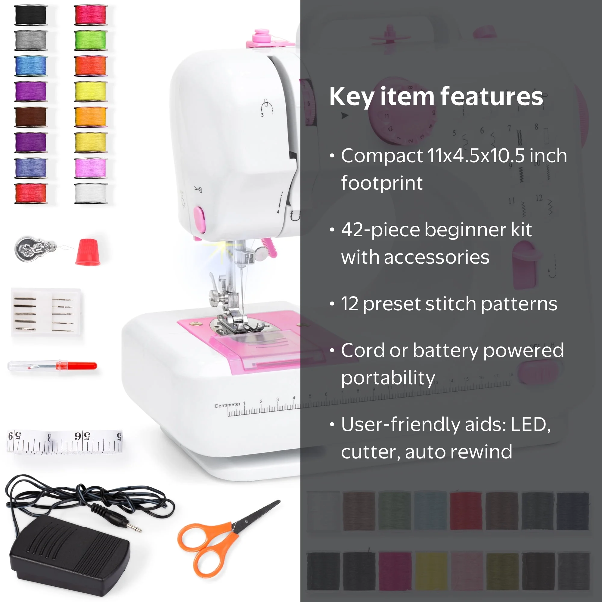 Portable Sewing Machine, 6V, Pink and White, 42-Piece Beginner's