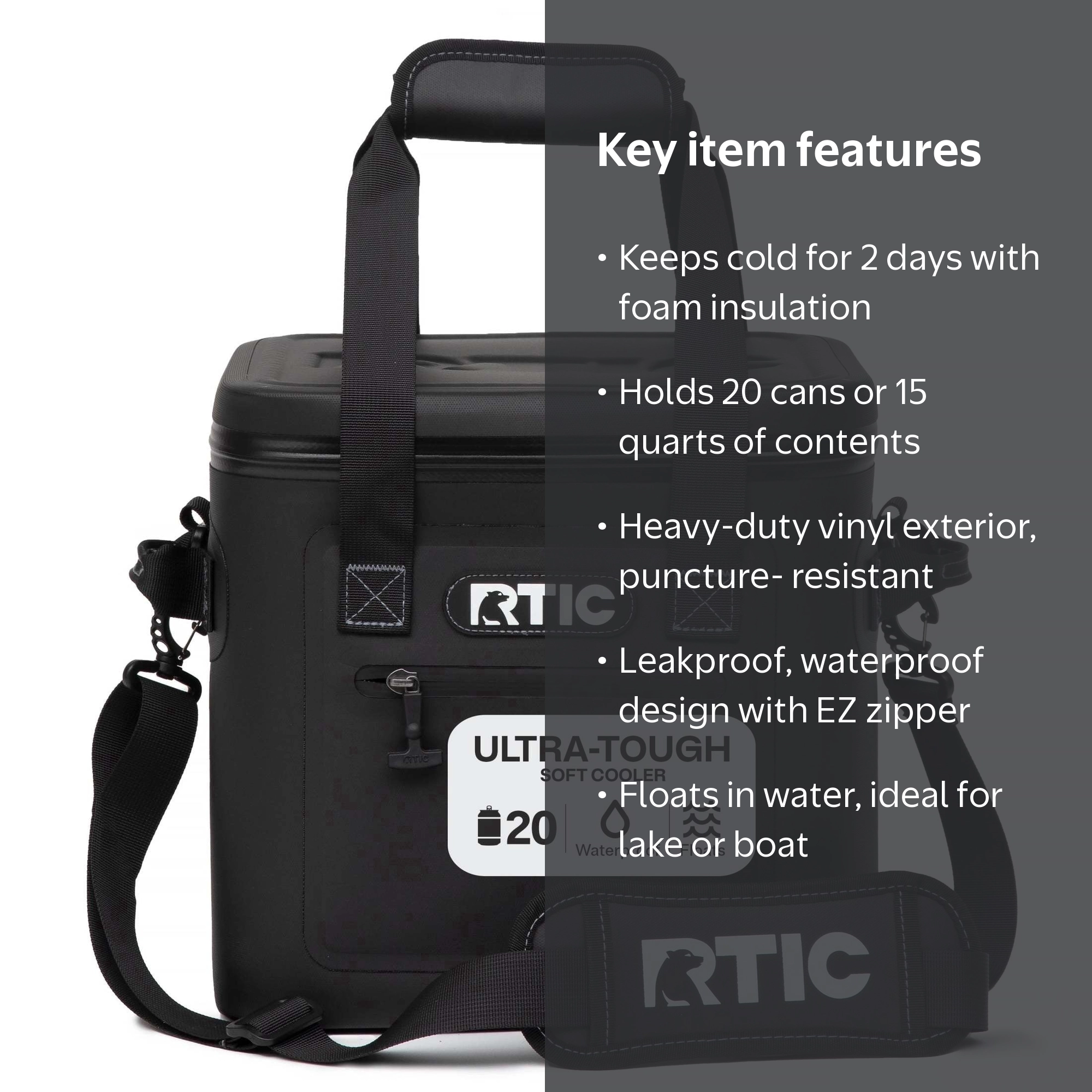 RTIC, Soft Cooler, 15 Qt, 20 Can Capacity, Waterproof Leakproof