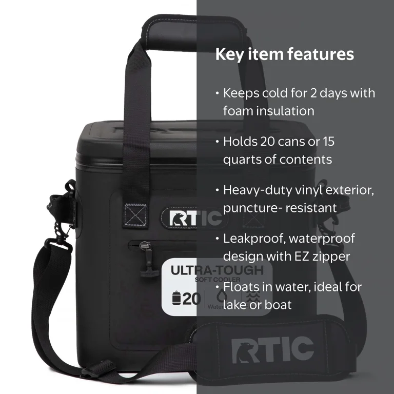 RTIC, Soft Cooler, 15 Qt, 20 Can Capacity, Waterproof Leakproof