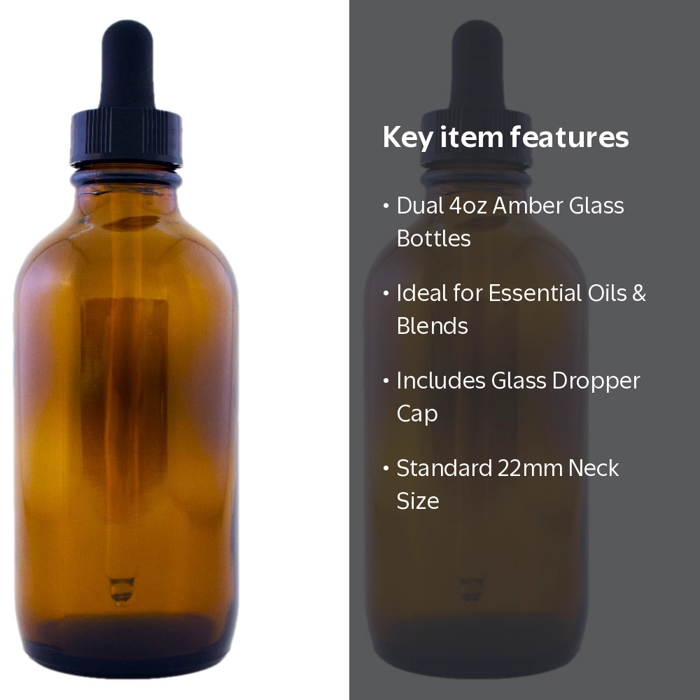 Green Health Amber Glass Bottle, 4 fl oz with Glass Dropper, Pack of 2, Essential Oils Use