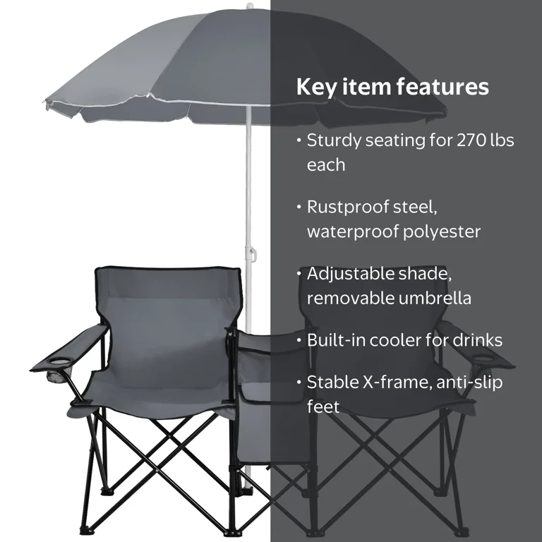 Costway Portable Folding Picnic Double Chair with Umbrella and