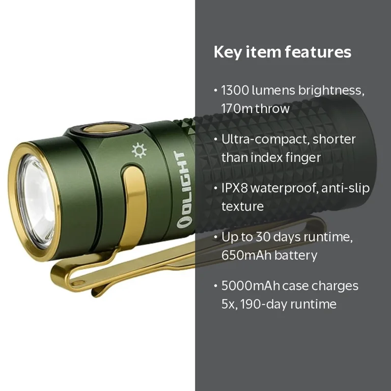 Olight, Baton 4 Rechargeable EDC Flashlight, 1300 Lumens, Green
