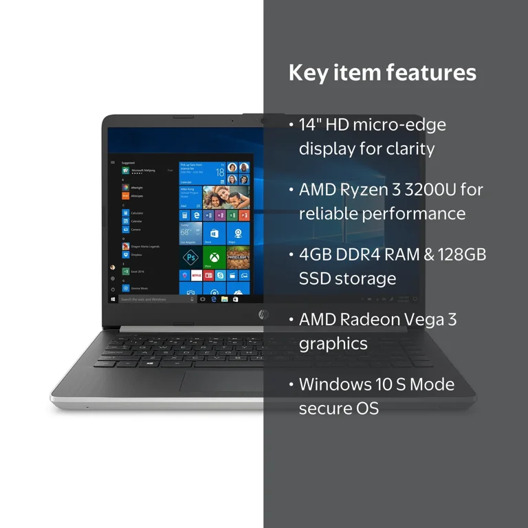 HP 14-inch Laptop, AMD Ryzen 3 3200U, 4GB SDRAM, 128GB SSD