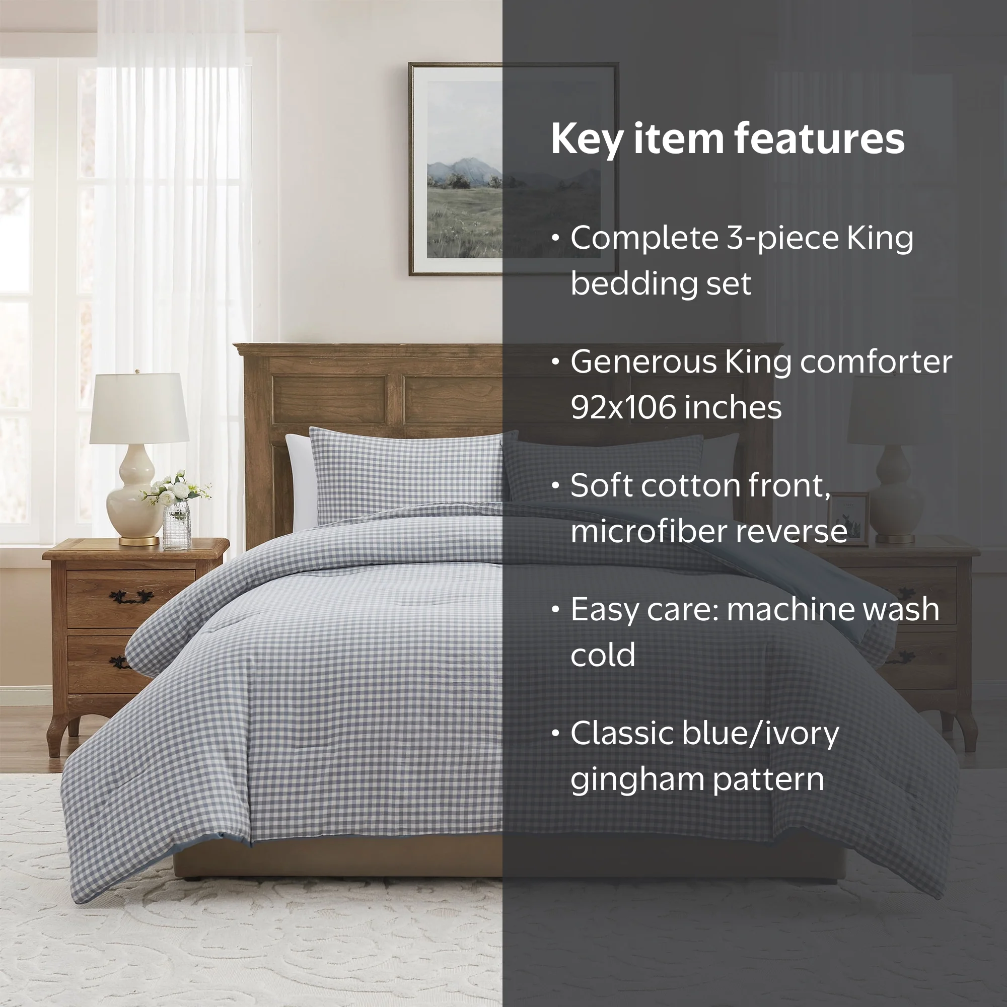 My Texas House Collins 3-Piece Blue Gingham Cotton Comforter Set